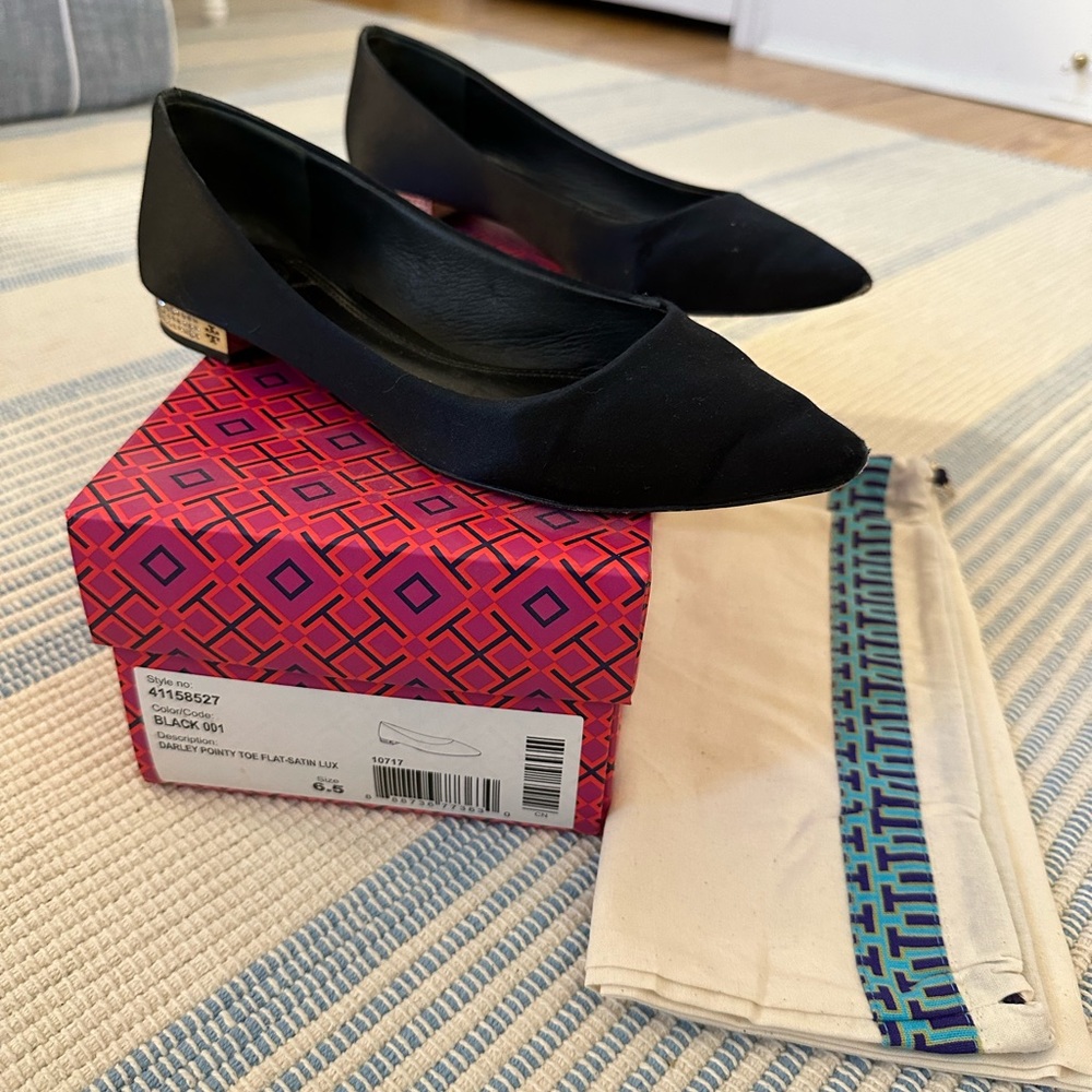 Tory Burch Darley flat in black satin with rhinestone detail in heel, size 6.5